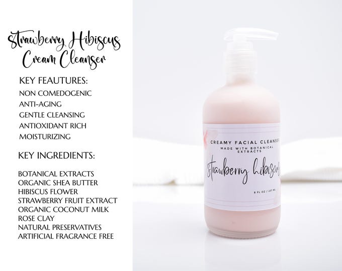 Strawberry Hibiscus Cream Cleanser, Coconut Milk Cleanser, Moisturizing Face Wash, Sensitive Skin, Anti Aging, Dry Skin, Mature Skin