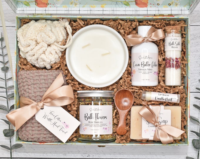 Organic Spa Gift Box For Her, Get Well Soon Gift Box, Mom Birthday Gift Basket, Candle Gift Baskets Women, Large Bath Gift Set