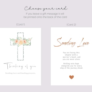 May include: Two rectangular greeting cards. Card 1 features a cross with peach flowers and green leaves, with the text 'Thinking of you' and 'Sending love and healing prayers.' Card 2 features the text 'Sending Love' and a supportive message.
