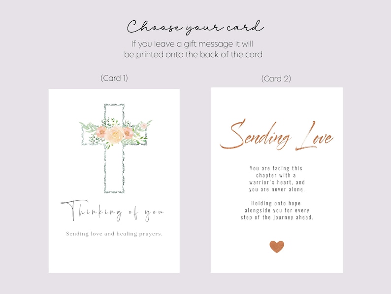 May include: Two rectangular greeting cards. Card 1 features a cross with peach flowers and green leaves, with the text 'Thinking of you' and 'Sending love and healing prayers.' Card 2 features the text 'Sending Love' and a supportive message.