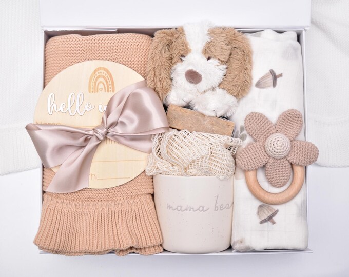 Newborn Baby Girl Gift Box, New Mom And Baby Gift, Baby Shower Gift Box, Knit Baby Blanket, New Baby Gift Basket, Mama And Baby Gift