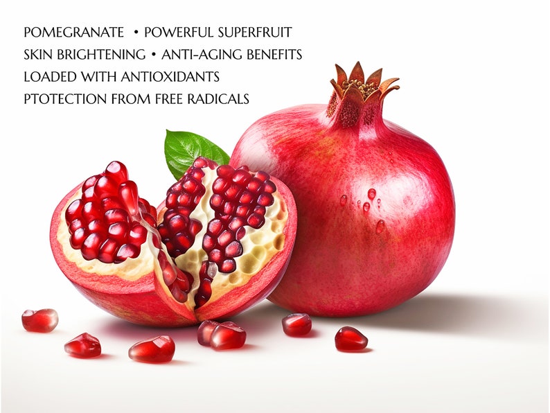 May include: A close-up of a red pomegranate cut open, revealing the juicy red seeds inside. The pomegranate is a powerful superfruit, loaded with antioxidants and known for its skin-brightening and anti-aging benefits. It offers protection from free radicals.