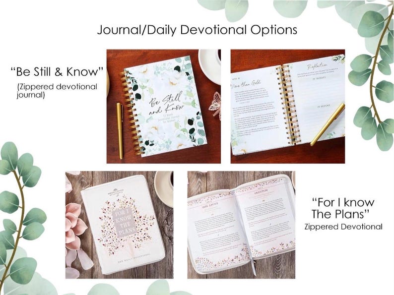 Puede incluir: Imagen de diarios devocionales con dise&ntilde;os florales. Un diario est&aacute; abierto, mostrando texto y un bol&iacute;grafo dorado. La portada de otro diario dice "Be Still and Know". El texto "For I know The Plans" tambi&eacute;n es visible. Los diarios tienen cremallera.