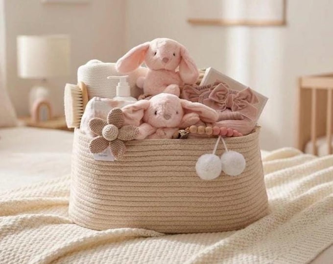 Personalized Newborn Baby Girl Gift Box, Large Gift Basket, Baby Shower Gift, Deluxe Baby Hamper, Knit Blanket, Pink Bunny Lovey