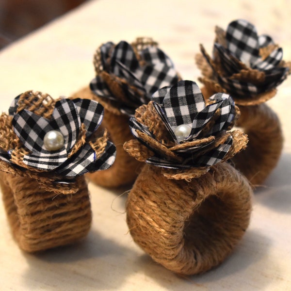 Burlap and Black and White Checked Flower Napkin Rings, sold individually.