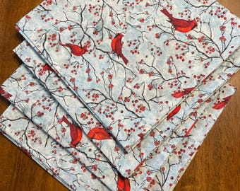 Cardinal and Berry Dinner Napkins - Snowy Blue Watercolor, Set of 4 or 6.