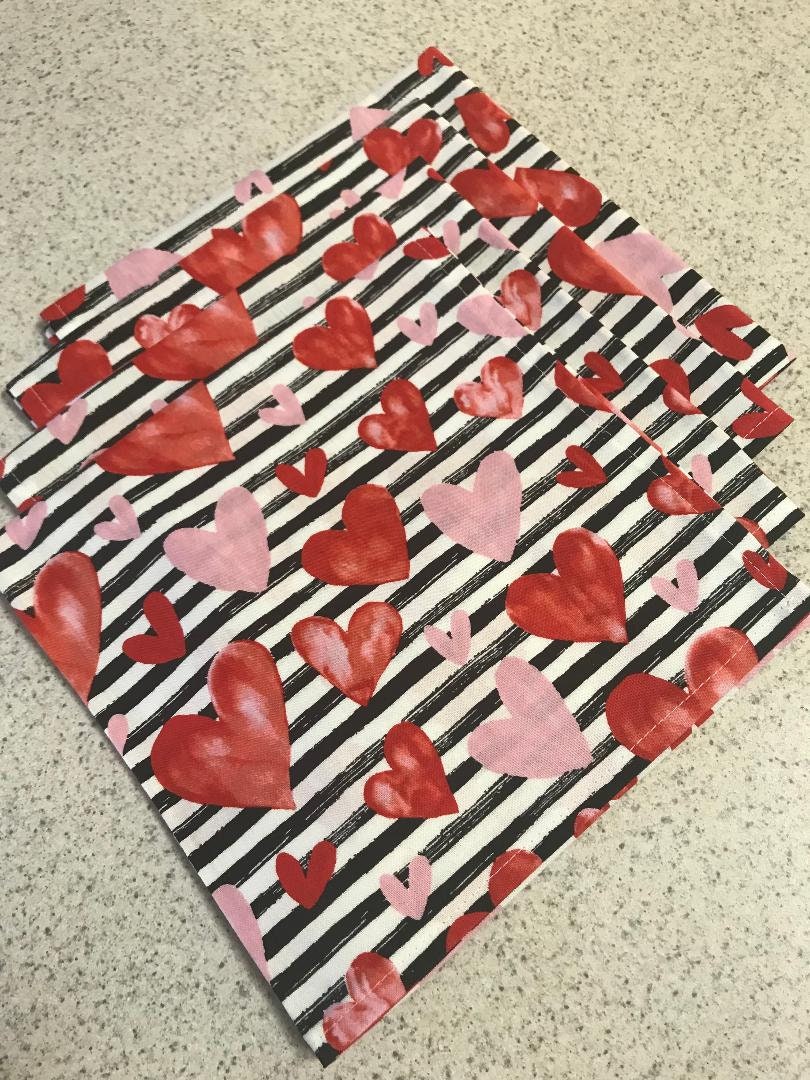 Crisp Valentine Napkins with Hearts on a White Background with Black Brushed Look Stripes, in Sets of Four