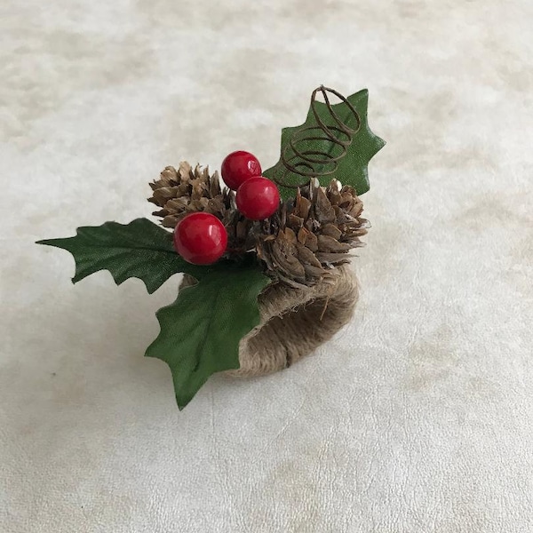 Sweet Christmas Napkin Ring with Holly, Berries, Pine Cones and a Tiny Brown Cork Screw