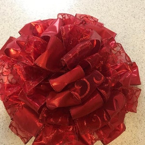 15&quot; Red Glittery Scroll and Red Satin Tree Topper Bow with four 6&#39; tails