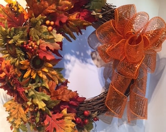 Warm and Beautiful Fall Wreath with Sunflowers, Sparkling Fall Leaves and Berries