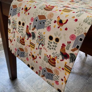 Super Cute Farmyard Chicken Table Runner, sold in various lengths.