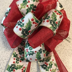 10&quot; Holly and Berries Bow intertwined with Red Ribbon, with four 12&quot; tails.