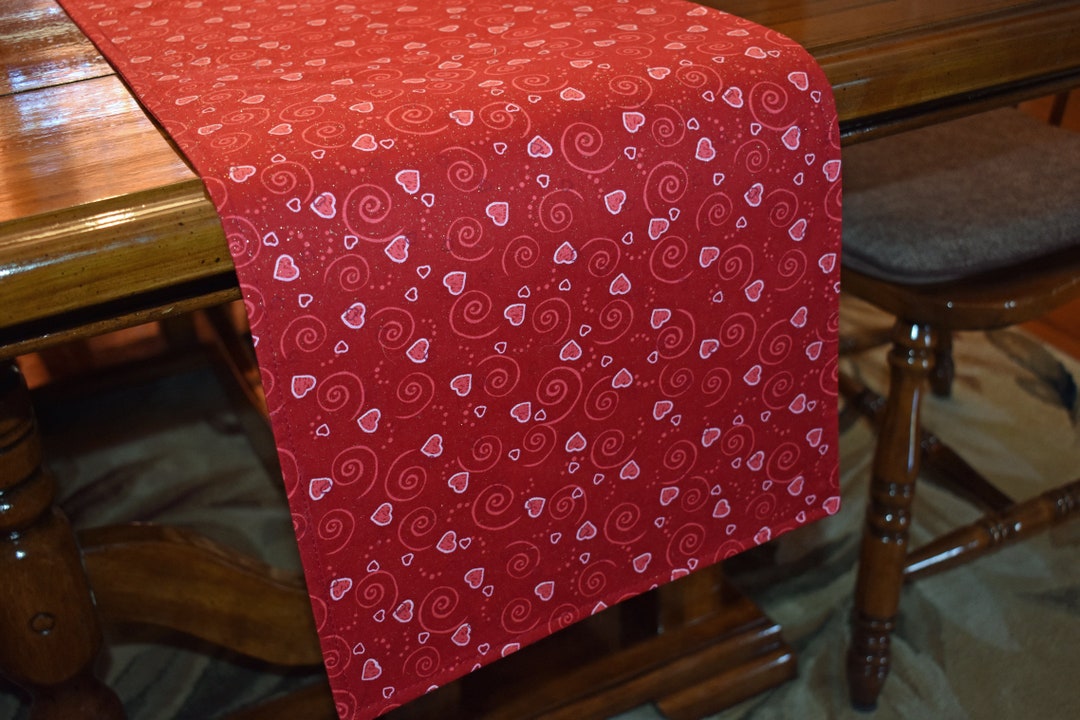 Red Valentines Day Table Runner Filled With Miniature Hearts, Swirls ...