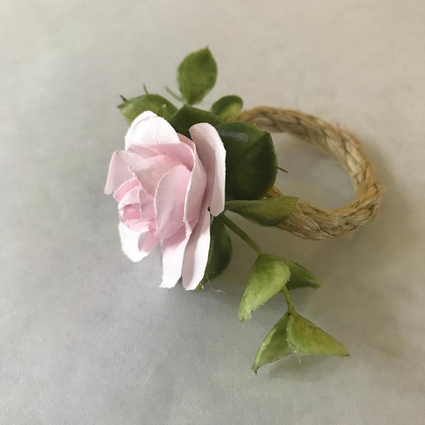 Light Pink Rose with Greens Napkin Ring, sold individually.