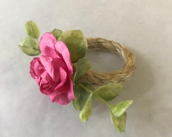 Sweet hot pink rose with green floral napkin rings, sold individually.