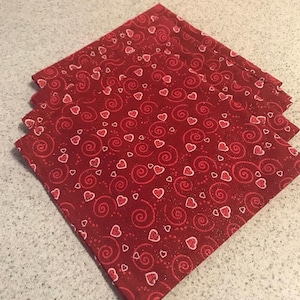 Sweet Valentine Hearts and Swirls on a Deep Red Background, Sold in Sets of Four