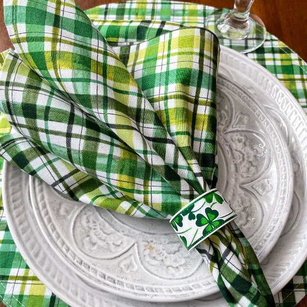 15" Circular St. Patrick's Day Green Plaid Placemats, sold individually.