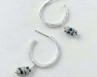 Stirling silver textured hoops with Dalmatian Jasper