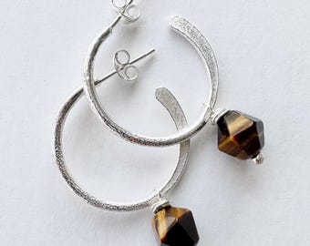 Textured Hoop Earrings with Tigers Eye gemstone