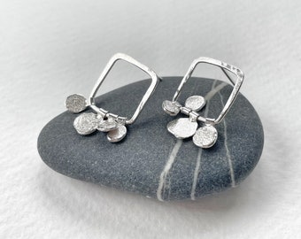 Handcrafted square silver pebble earrings