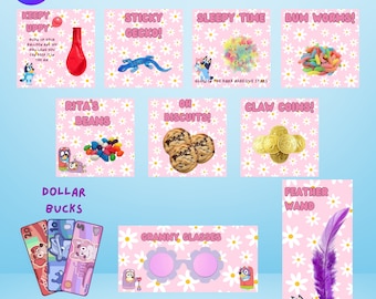 12 obsequios de fiesta para fiesta de cumpleaños, programa de televisión de dibujos animados de perros, Keepy Uppy, vasos de abuela, dólares, obsequios de fiesta imprimibles, imprimible para fiesta.