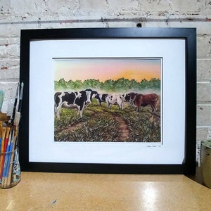 11 x 14" Print van acryl koe schilderen in 16 x 20" wit mat en zwart frame, ingelijst Cow Art Print, boerderij huis Home Decor, ingelijst koe foto