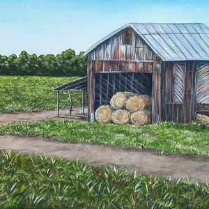 Original Acrylic Farm Barn Landscape Painting on 24x36&quot; Gallery Wrapped Canvas, Farm House Wall Art Decor, Old Rusted Barn Painting, Field