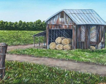 Original Acrylic Farm Barn Landscape Painting on 24x36" Gallery Wrapped Canvas, Farm House Wall Art Decor, Old Rusted Barn Painting, Field