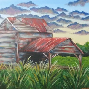 Original Acrylic Tobacco Barn Sunset Landscape Painting on 18x24&quot; Canvas, Farm House Wall Art Decor, Old Barn Art, Country Farm Painting