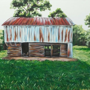 Original Acrylic Old Barn Landscape Painting, 24x30&quot; Canvas, Farm House Home Wall Art Decor, Southern Country Barn Scene Painting, Barn Art