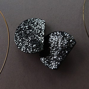 Black Leather earrings mirror flakes Stud earrings 80ies jewelry &#39;80s trend 80s SPARKLE Geometric