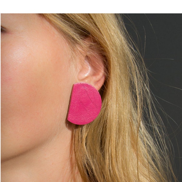 80s FUCHSIA earrings Stud earrings 80ies jewelry '80s trend OVERSIZED leather earrings Hot pink Leather