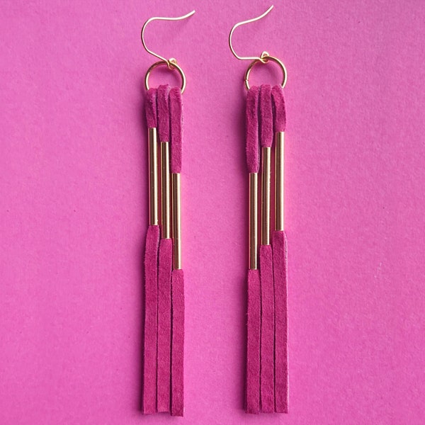 shoulder dusters Fuchsia hot pink SUEDE earrings Leather Earrings