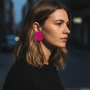Fuchsia Leather Statement Earrings, Oversized Studs, Lightweight Bold Jewelry, Dopamine color