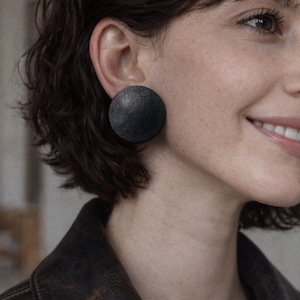 Black Leather Domed Stud Earrings, Oversized Circle, Handmade Studs
