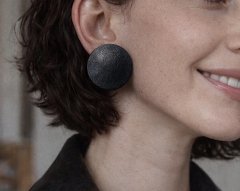 Black Leather Domed Stud Earrings, Oversized Circle, Handmade Studs