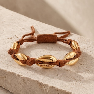 Gold Cowrie Seashell bracelet, Caramel Suede Fringe adjustable leather jewelry