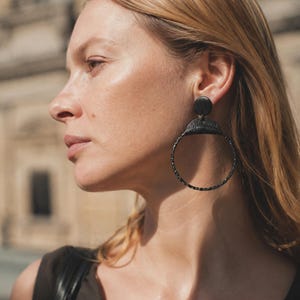 Black snake Leather Oversized hoops, modern Gypsy, lightweight jewelry