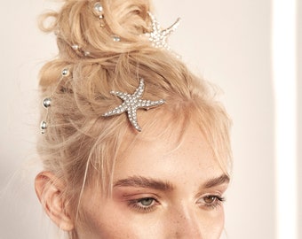 Star Rhinestone Sea Star Hair Pins by KELA, Silver - set of 2, Extra Long Curved Pins With Quality Rhinestones, Platinum Hair Clip