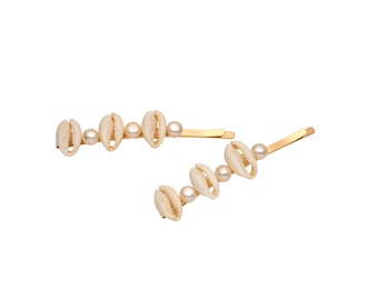 KELA Hair Pins Natural Sea Shell & Pearl - set of 2, Gold Summer Hair Accessory, Women's Unique Hair Accessory, Gold Hair Clip