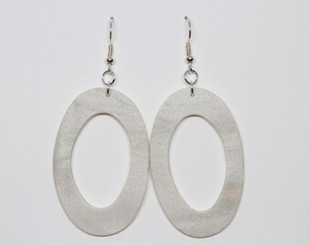 Faux Mother of Pearl Oval Hoop Dangle Polymer Clay Statement Earrings // Bebe