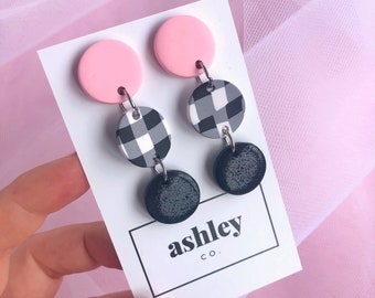 Angelina Tri-Drops in pink, black and white gingham and black glitter