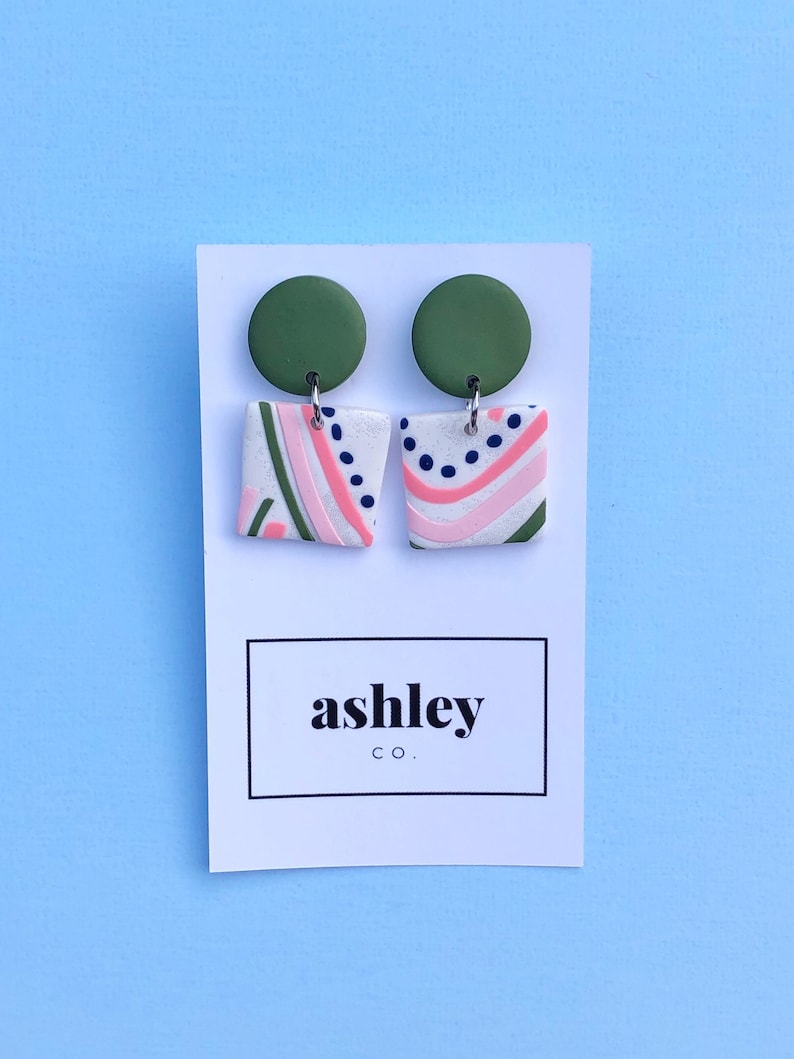 Molly Square Dangles in khaki navy pink and white