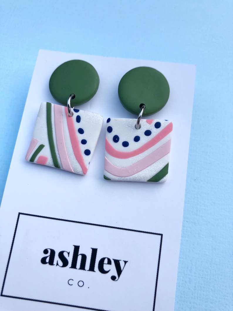 Molly Square Dangles in khaki navy pink and white