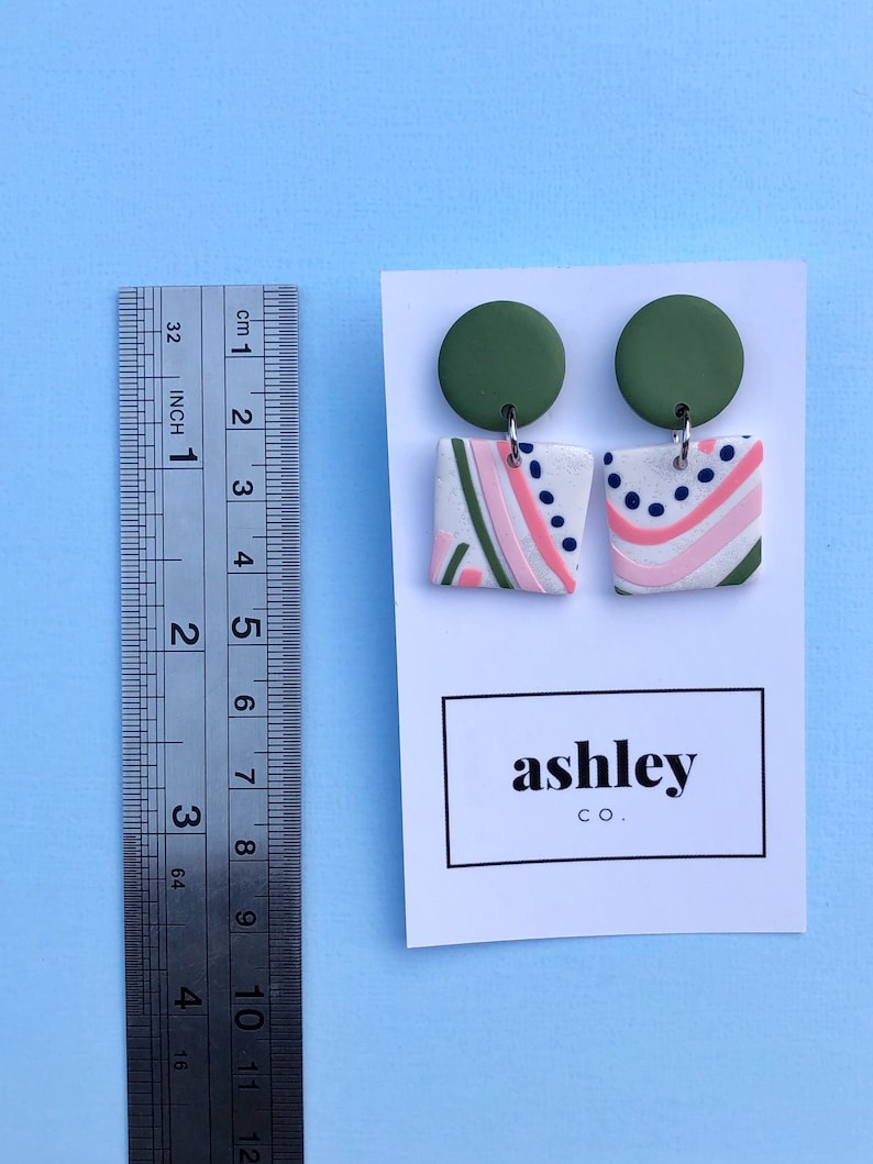 Molly Square Dangles in khaki navy pink and white