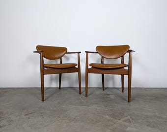 Pair of Mid Century Modern Finn Juhl '109' Armchairs in Teak, Cognac Leather & Brass, 1946