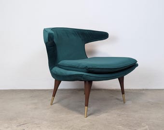 Vintage Mid Century Karpen of California "Horn" Lounge Chair Green Velvet, Walnut, Aluminum, 1950s