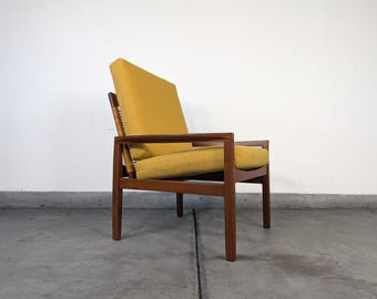 Vintage Mid Century Modern Teak and Cane Lounge Chair by Hans Olsen for Juul Kristensen, c1960s - Refinished