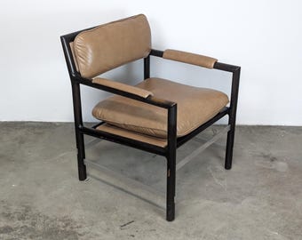 Ebonized Leather Mid Century Modern Armchair by Edward Wormley for Dunbar, c1960s