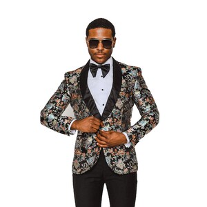 Slim Fit 1 Button Multi Colored Floral Stitch Black Tuxedo Shawl Lapel Jacket Dinner Blazer AZARMAN image 1